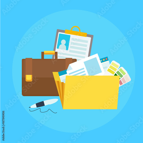 Portfolio banner. Folder with files, briefcase, pen