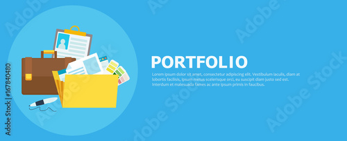 Portfolio banner. Folder with files, briefcase, pen