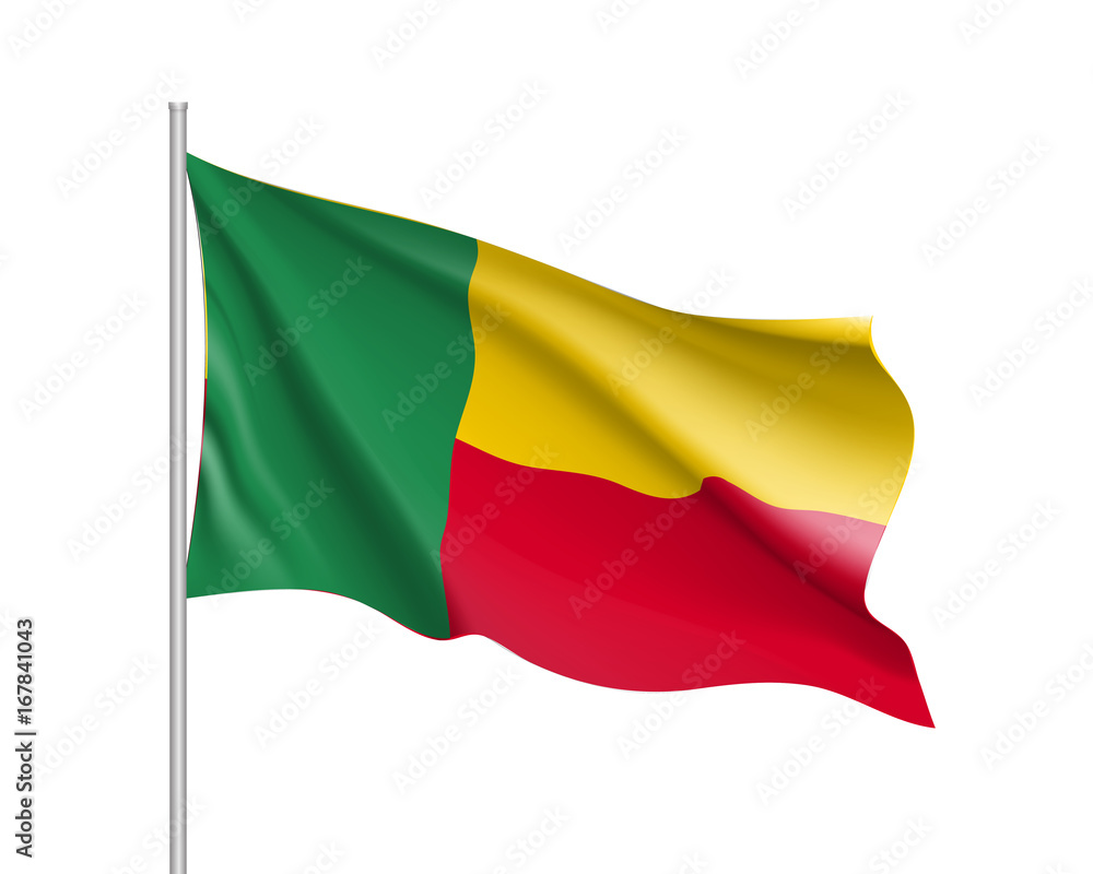 Benin flag. Illustration of African country waving flag on flagpole. Vector 3d icon isolated on white background. Realistic illustration Benin flag. Illustration of African country waving flag on flagpole. Vector 3d icon isolated on white background. Realistic illustration