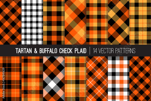 Halloween Tartan and Buffalo Check Plaid Seamless Vector Patterns. Orange, Black and White Flannel Shirt Fabric Textures. Fall Fashion. Thanksgiving Day Background. Pattern Tile Swatches Included.