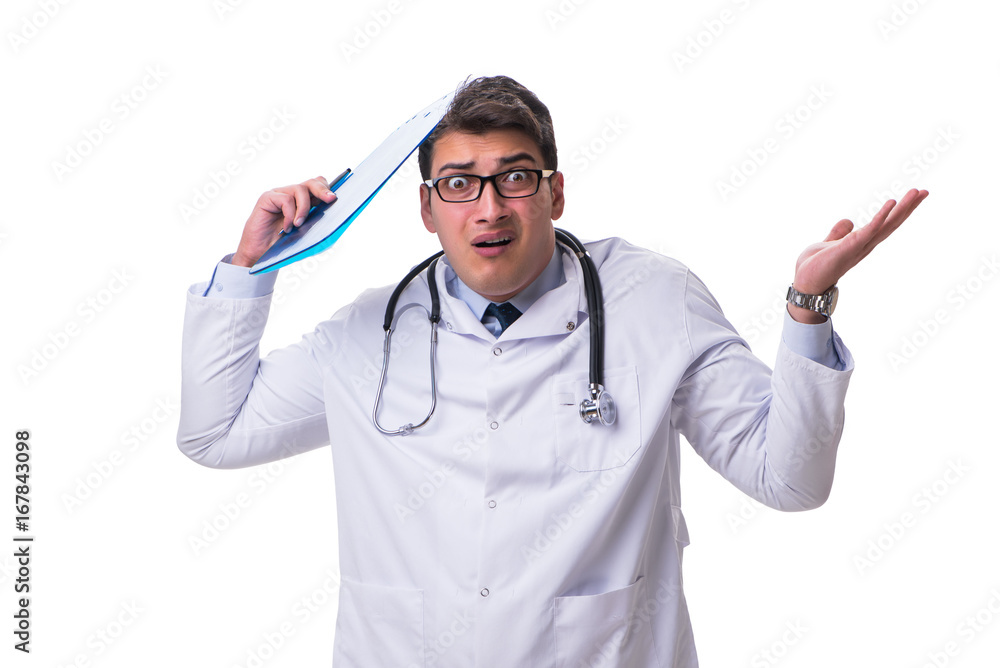 Young male doctor with a writing board isolated on white backgro Young male doctor with a writing board isolated on white backgro