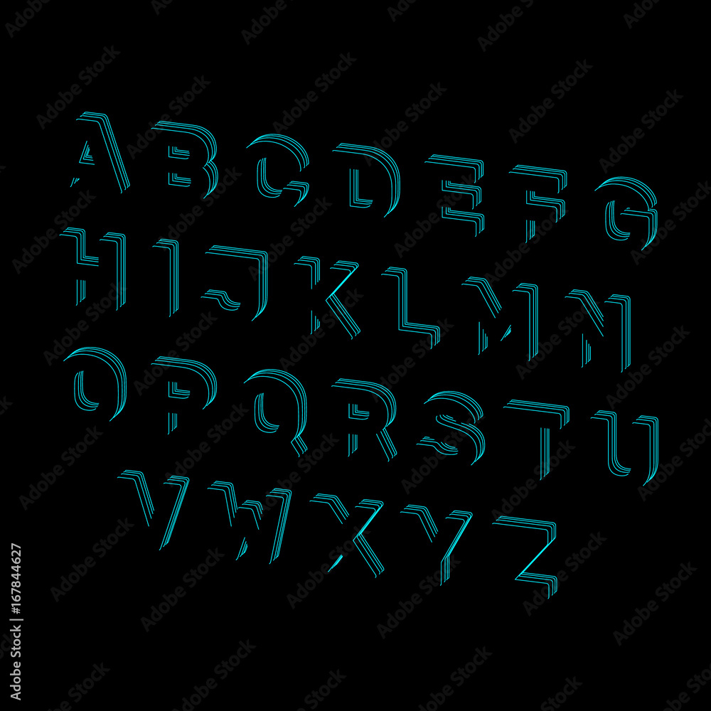 Capital alphabet letters of lines. Vector outline illustration. Dimetric view.
