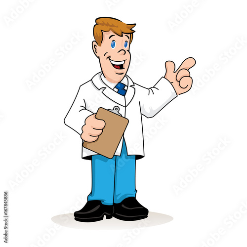 Illustration depicting an caucasian man in a lab coat, doctor, teacher or pharmacist with a clipboard in his hand explaining something. Ideal for institutional materials and training