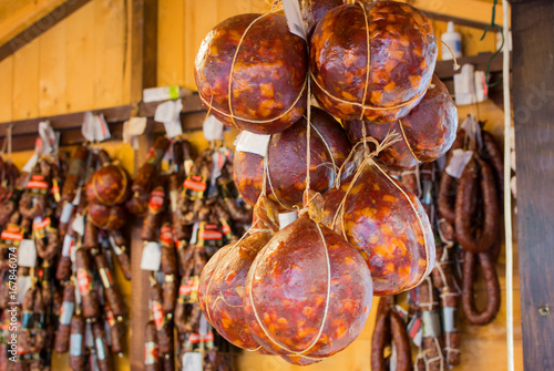 Traditional Lithuanian sausage presented at the St. Dominic Fair in Old Town of Gdansk in Poland. Lithuanian traditional cuisine. 