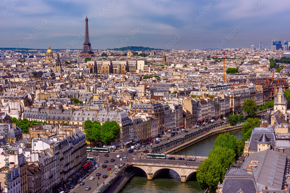 Skyline of Paris with Eiffel Tower and Seine river in Paris, France