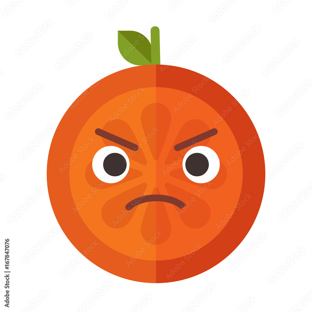 Angry face emoji. Angry orange fruit emoji. Vector flat design emoticon icon isolated on white background.