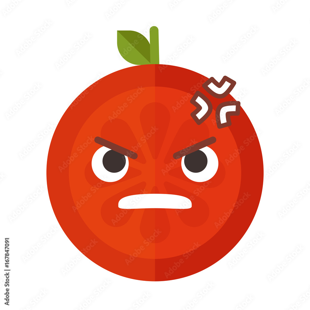 Furious face emoji. Furious orange fruit emoji. Vector flat design emoticon icon isolated on white background.
