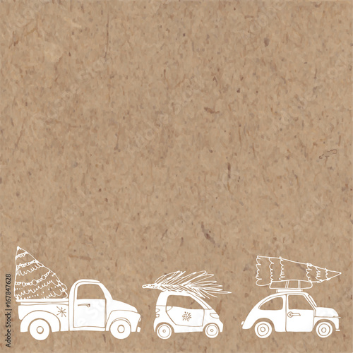 Cars with Christmas trees. Vector illustration on kraft paperon a kraft paper with  place for text. Can be greeting card, invitation or element of design. photo
