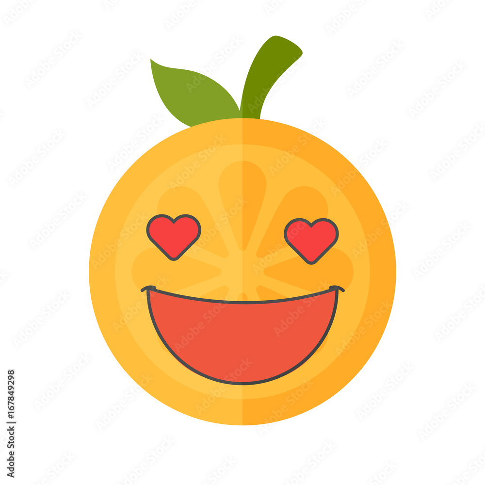 Obraz premium In love emoji. In love orange fruit emoji with the hearts instead of the eyes. Vector flat design emoticon icon isolated on white background.