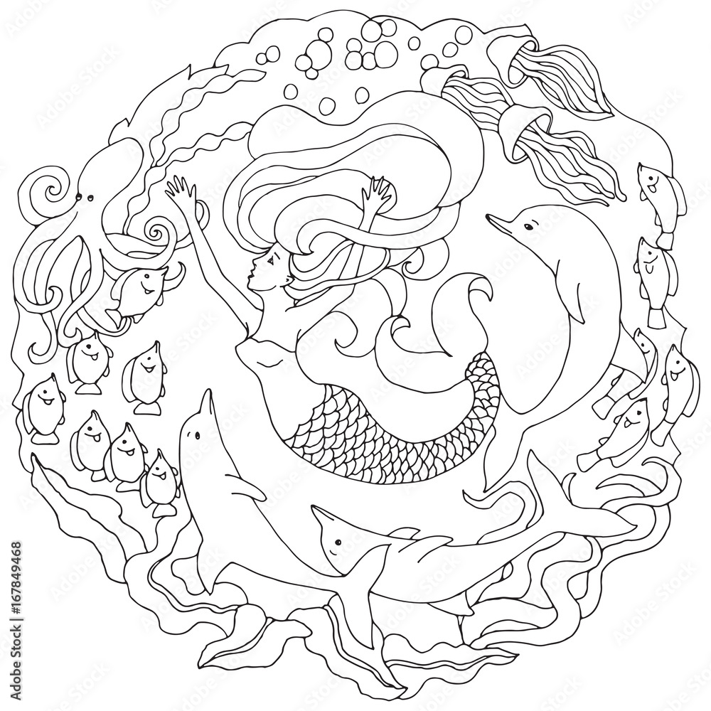 Obraz premium Decorative element with mermaid, dolphins, fish, algae. Black and white vector illustration for coloring pages or other.