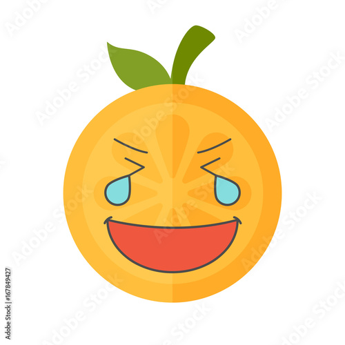 Laugh with tears emoji. Laughing with tears orange fruit emoji. Vector flat design emoticon icon isolated on white background.