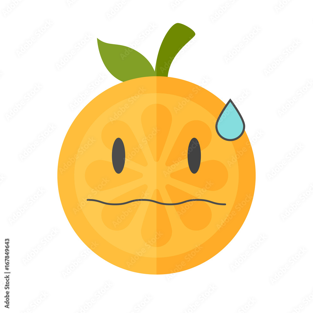 Obraz premium Worry emoji. Worrying orange fruit emoji with drop of sweat. Vector flat design emoticon icon isolated on white background.