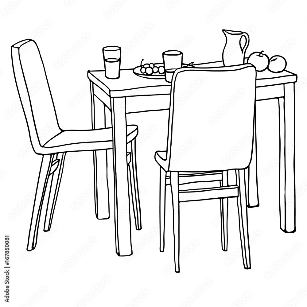 Interior hand-drawn sketch. Kitchen table with morning meal, two chairs.  Black and white vector illustration. Stock Vector | Adobe Stock