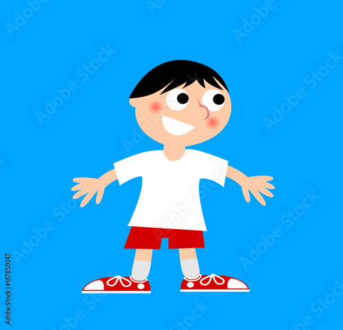 Bilde på lerret Illustration of a cheerful child in white t-shirt and red shorts