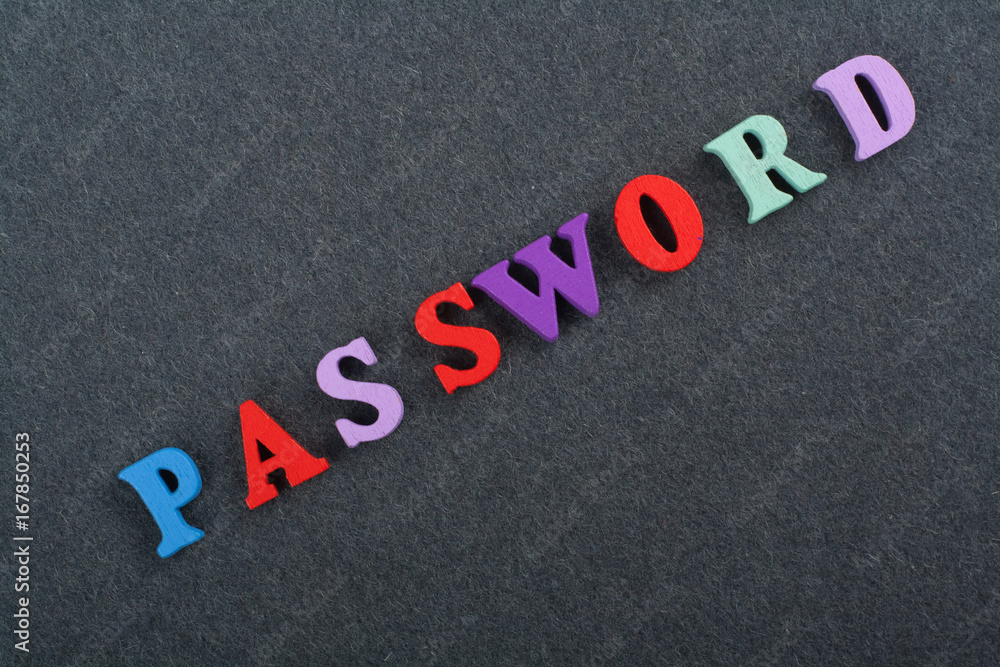 PASSWORD word on black board background composed from colorful abc alphabet block wooden letters, copy space for ad text. Learning english concept. PASSWORD word on black board background composed from colorful abc alphabet block wooden letters, copy space for ad text. Learning english concept.