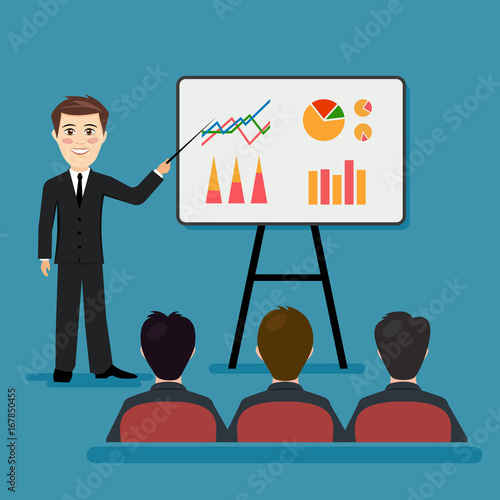 Businessman holds an economic seminar a vector illustration.