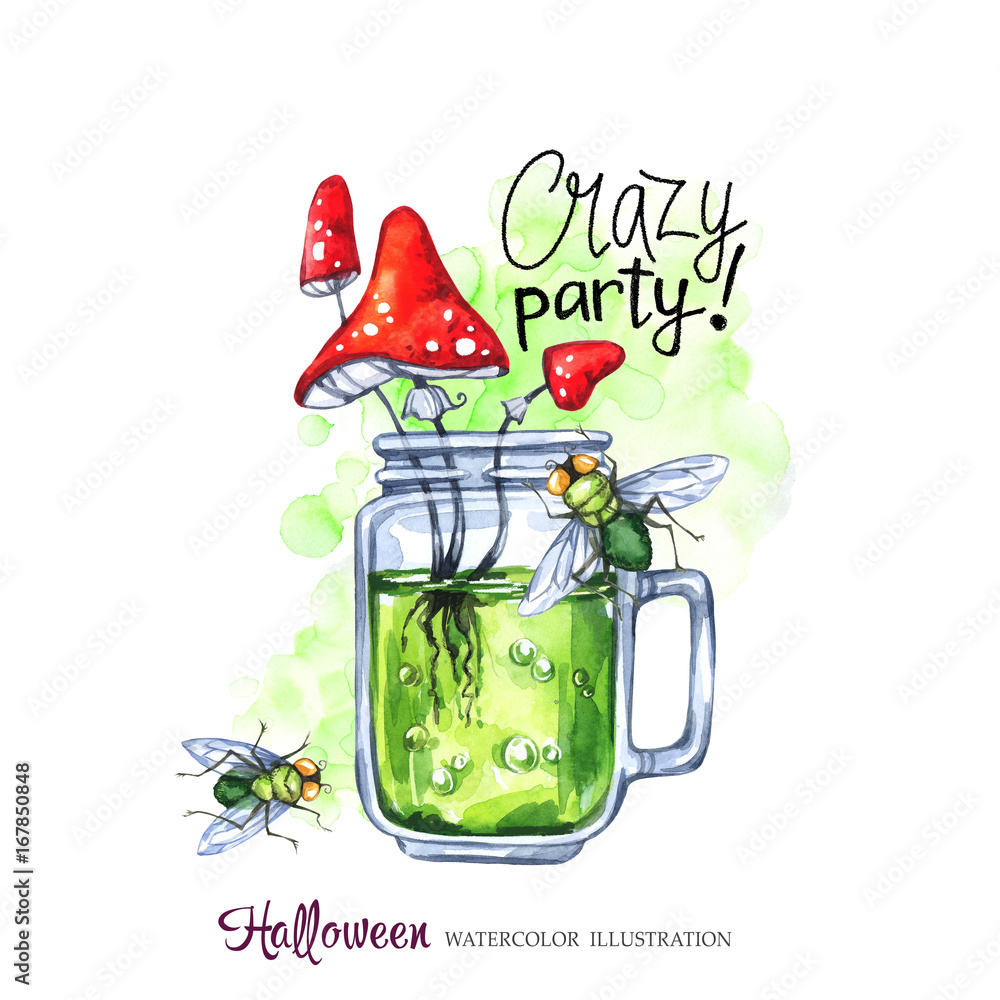 Obraz premium Watercolor illustration. Halloween holidays card. Hand painted glass cup with potion, amanitas and flies. Funny coctail. Poisonous drink. Magic, symbol of horror.
