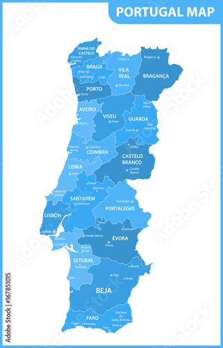 Fotografie The detailed map of the Portugal with regions or states and cities, capitals