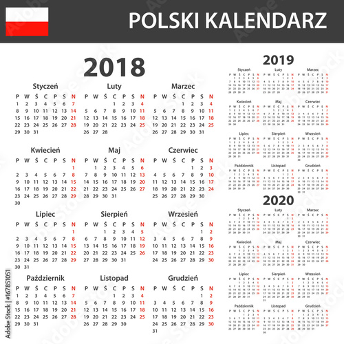 Polish Calendar for 2018, 2019 and 2020. Scheduler, agenda or diary template. Week starts on Monday