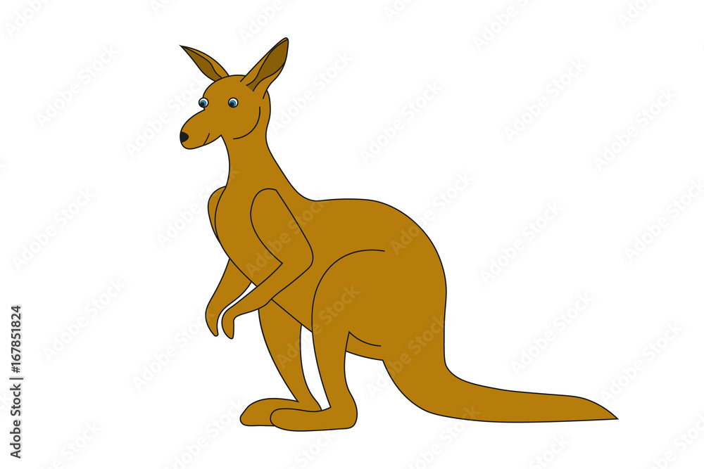 Flat simple kangaroo isolated on white background. Brown color outline icon of kind animal in the cartoon style. Vector kangaroo illustration. Cute exotic animal image in a simple style.