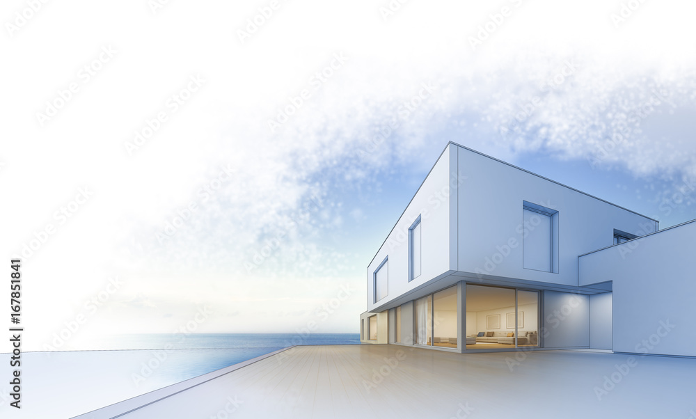 Luxury beach house with sea view swimming pool and empty terrace in modern design, Vacation home for big family on creative blue sky background - 3d rendering of residential building