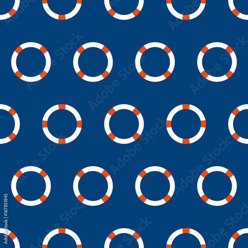 Abstract vector seamless pattern with lifebuoy on blue background. Color image. Pattern with life-saving equipment. Safe summer on vacation at sea, ocean, river. Rescuers. Safe vacation on the beach.