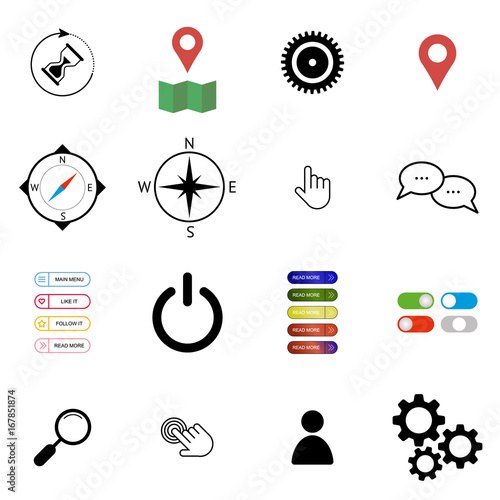 Flat simple set of mobile icons isolated on white background. Vector illustration. Set with navigation, click icons. People, gear, cogs symbols. Speech bubble. Main menu buttons. On/off toggle switch.