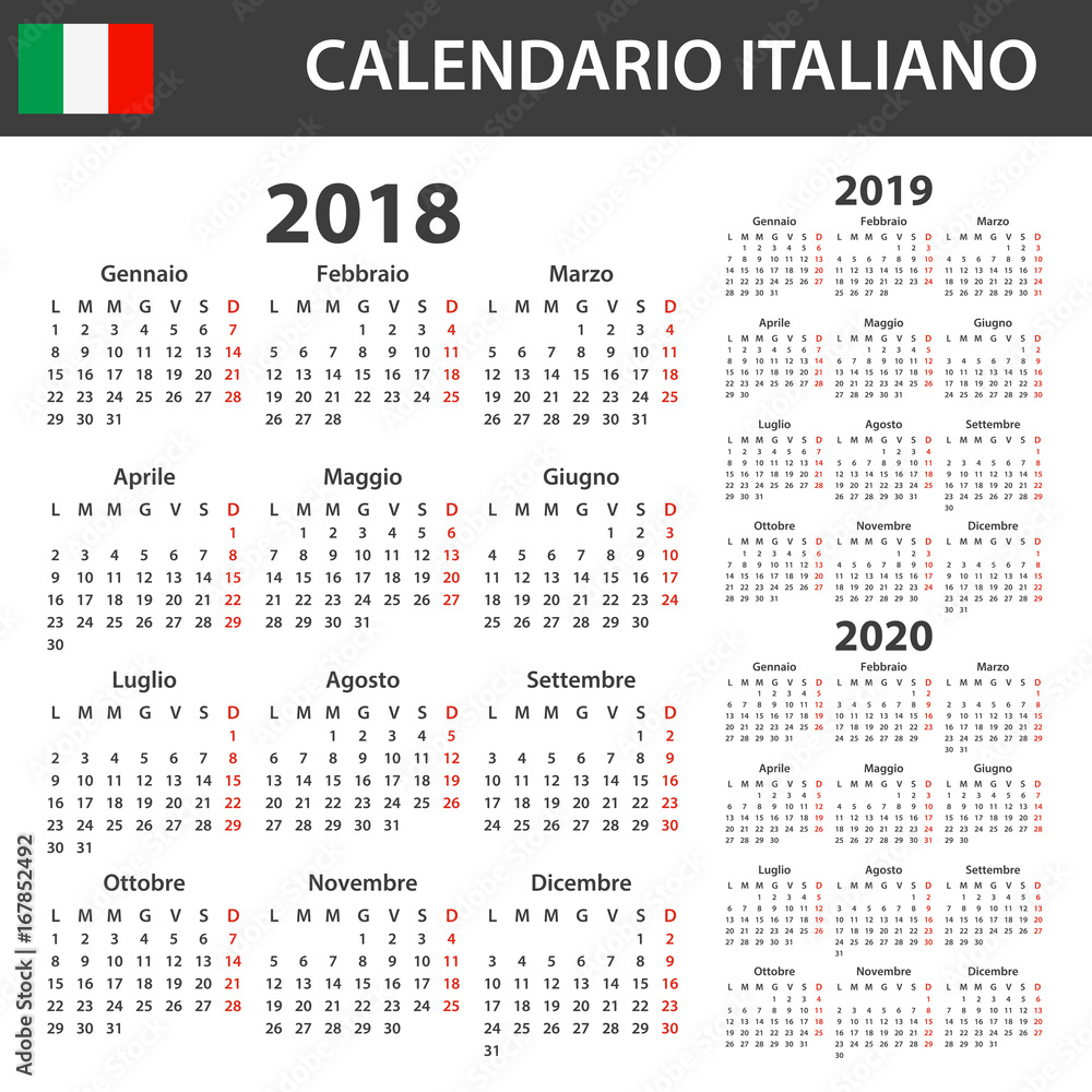 Italian Calendar for 2018, 2019 and 2020. Scheduler, agenda or diary