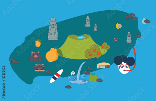 Vector illustration to promote Jeju Island: Jeju-do cartoon styled map with attractions and symbols: Hallasan, Dol Hareubang or harubang, known as Stone grandfather, Haenyeo or Jeju female diver, etc. photo