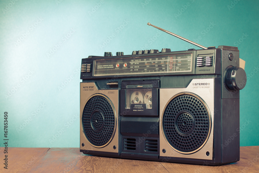 Retro radio recorder from 70s front turquoise background. Old instagram  style filtered photo foto de Stock | Adobe Stock