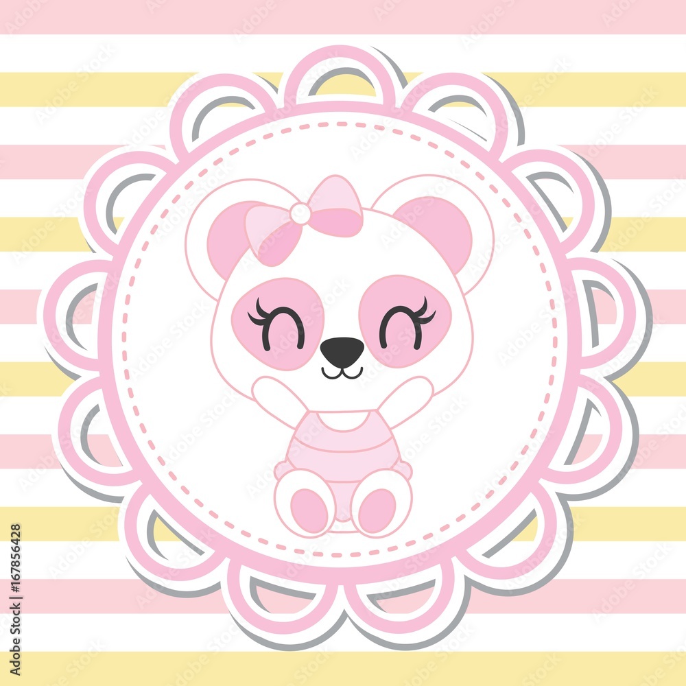 Cute baby panda in flower frame on striped background vector cartoon illustration for baby shower card design, kid t shirt design, and wallpaper Cute baby panda in flower frame on striped background vector cartoon illustration for baby shower card design, kid t shirt design, and wallpaper