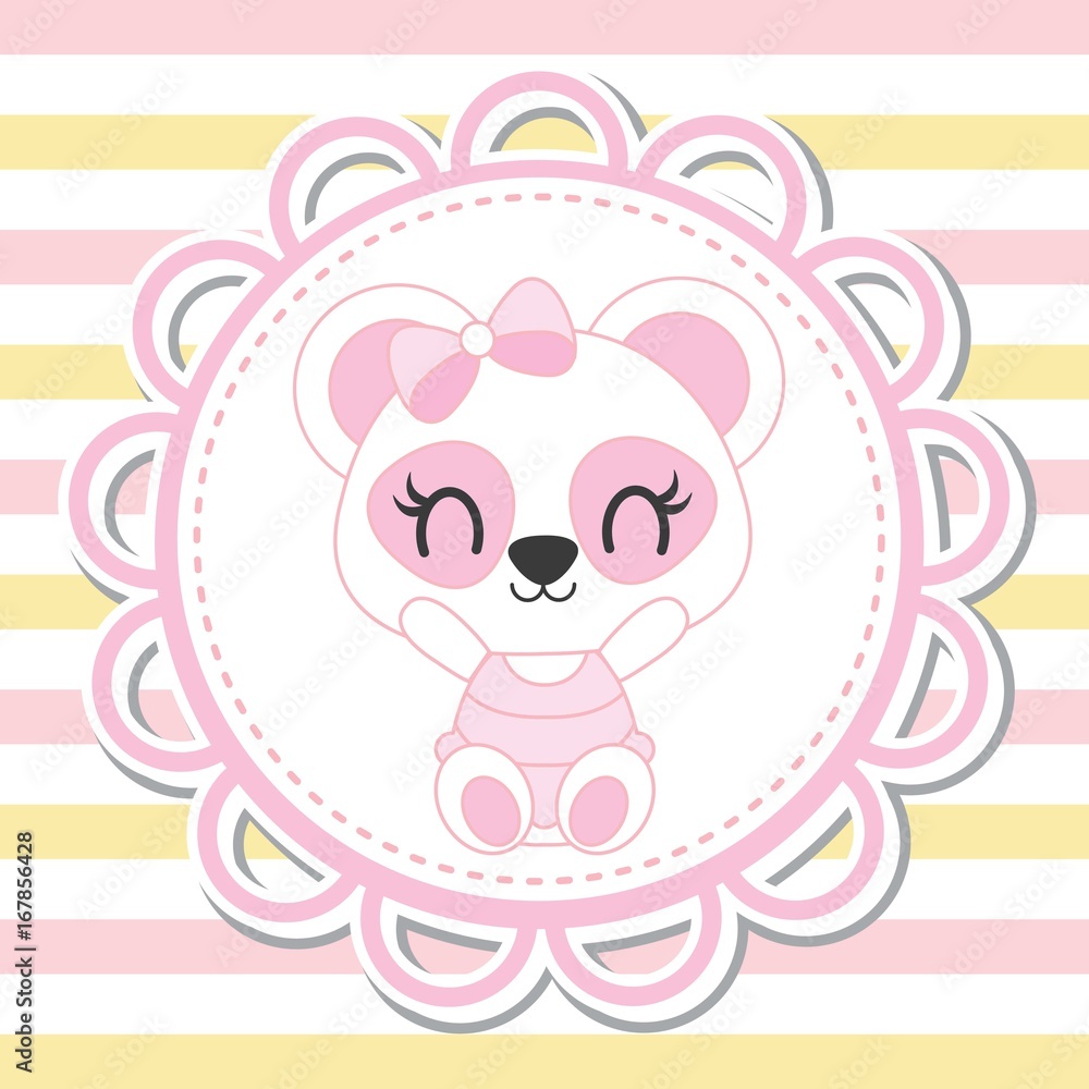 Cute baby panda in flower frame on striped background vector cartoon illustration for baby shower card design, kid t shirt design, and wallpaper