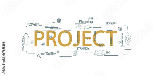 Vector creative illustration of project word lettering typography with line icons on white background. Business project concept. Thin line art style design for website, banner, poster