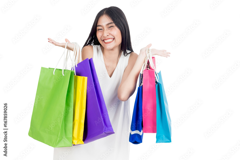 Asian woman with shopping bags isolated on white background
