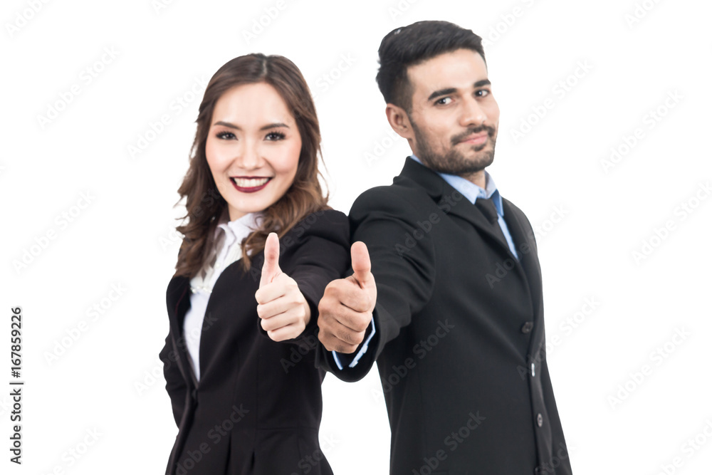 Businessman and business woman show thumb up isolated on white