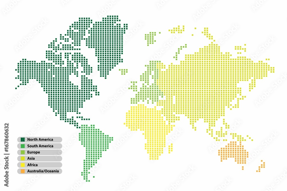 Obraz premium Pixel (Square) shape world map continent in Multicolor on white background, vector illustration.