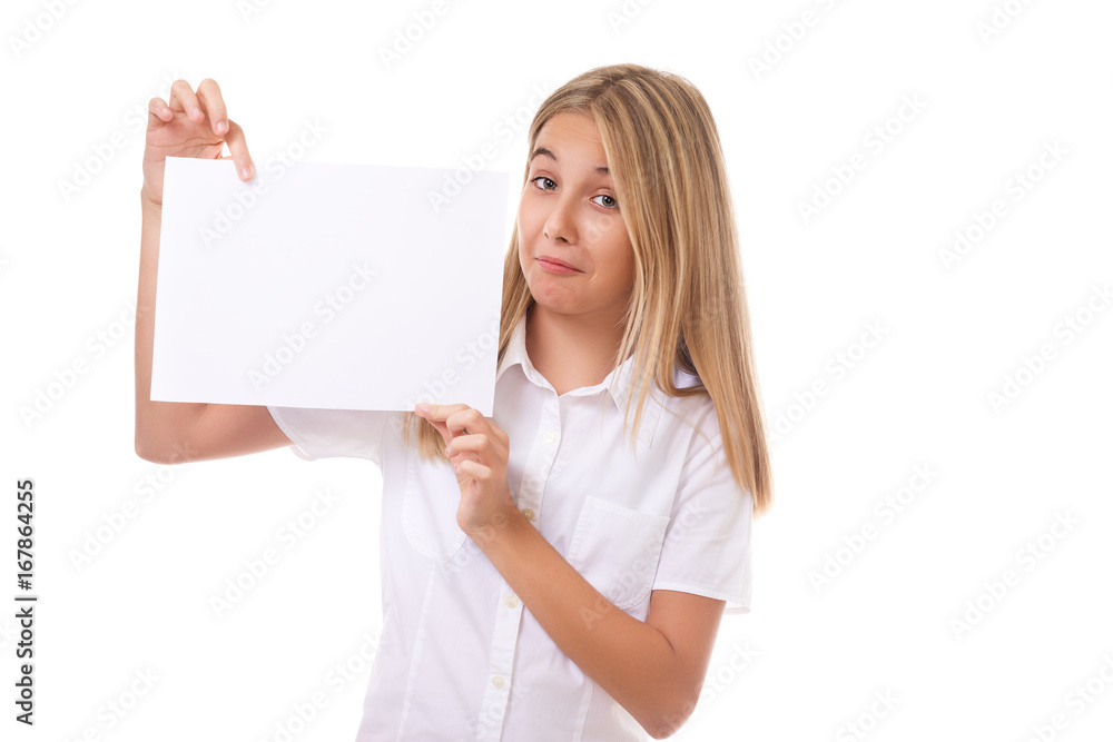 playful teen girl in white shirt holding a white communication board,isolated playful teen girl in white shirt holding a white communication board,isolated