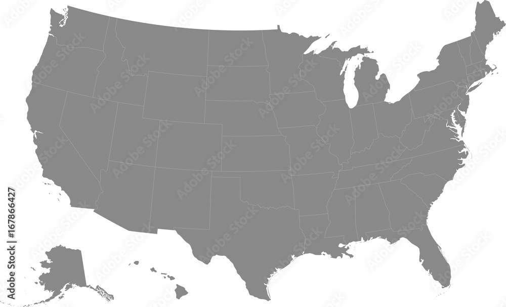 Map of the United States of America split into individual states. All states including Alaska and Hawaii.