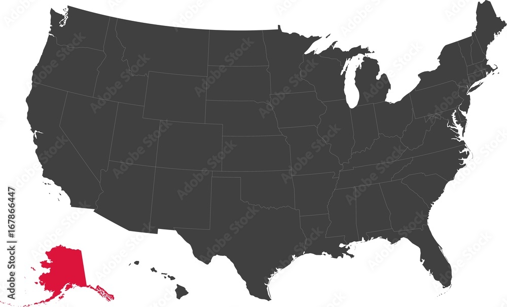 Map of the United States of America split into individual states. Highlighted state of Alaska.