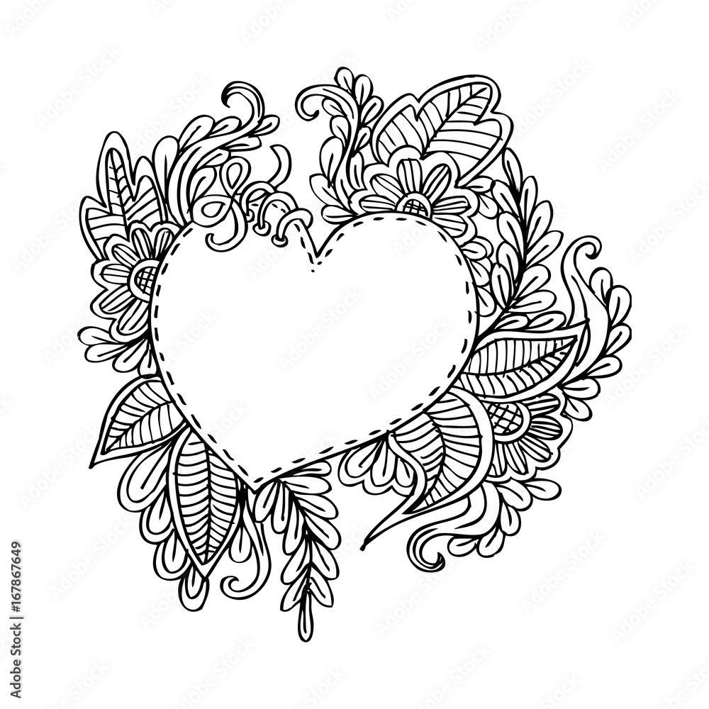Hand drawn frame with heart shape and flower ornament