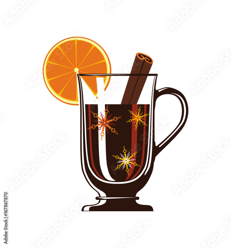 Mulled wine with spices isolated icon. Traditional winter hot drink, christmas alcoholic warm beverage vector illustration.