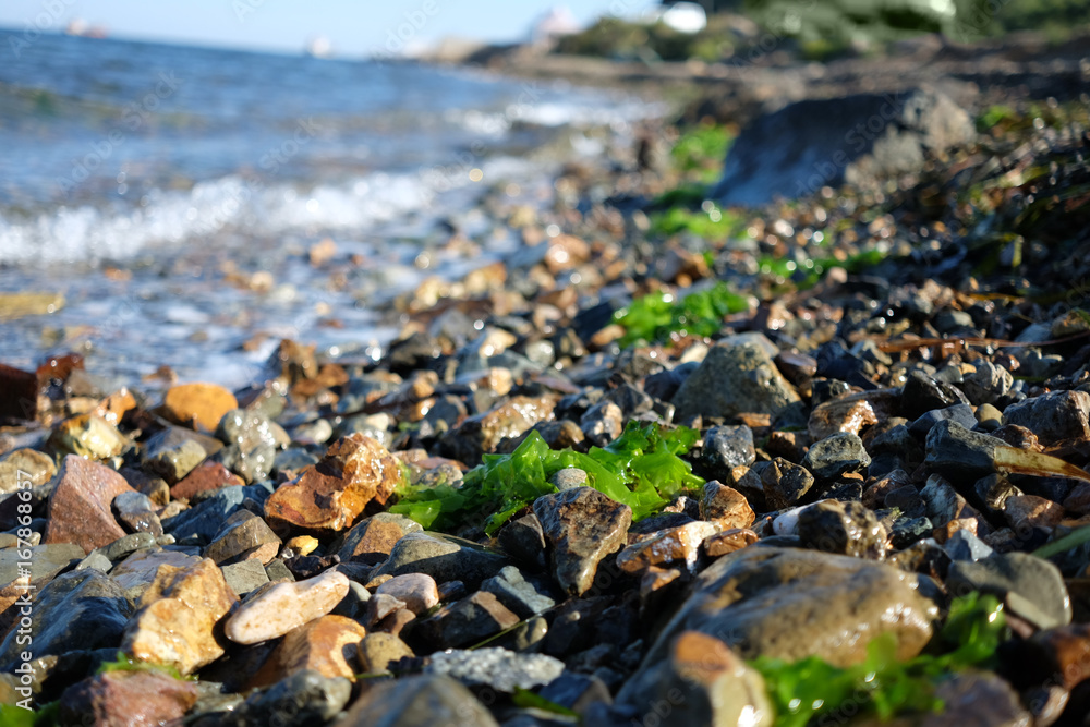 Pebble stones near the sea in bright sunset light Pebble stones near the sea in bright sunset light