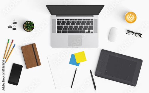 Modern workspace with coffee cup, smartphone, paper, notebook, tablet and laptop copy space on white color background. Top view. Flat lay style.
