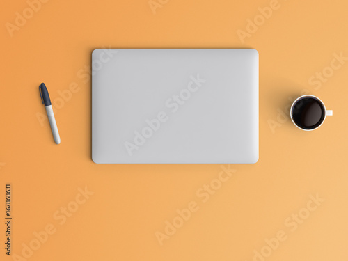 Modern workspace with closed notebook or laptop, pen and coffee cup copy space on color background. Top view. Flat lay style.
