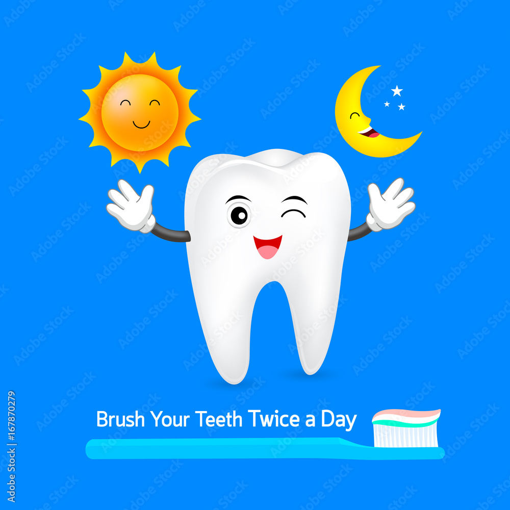 Tooth character with sun and moon. Brush your teeth twice a day, daily