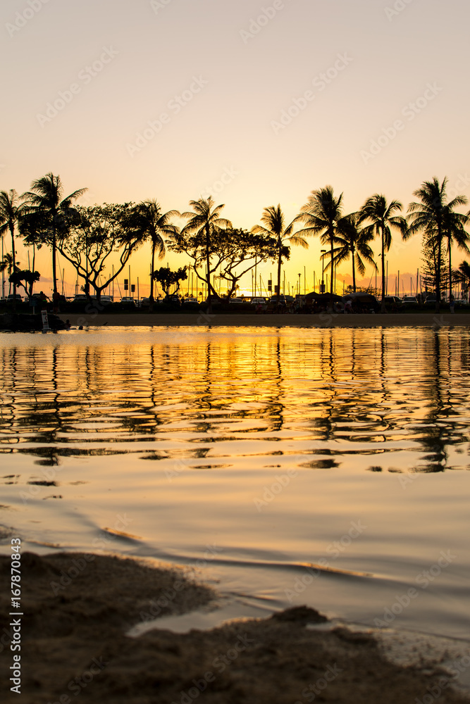 Golden Hawaiian sunset with silhouette palm trees reflected in water