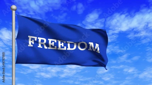 Computer generated a freedom flag loop waving in wind and against a cloudy blue sky