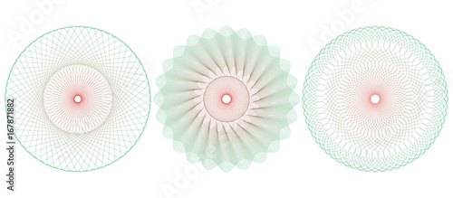 Guilloche pattern rosette for certificate, diploma, voucher, banknote, money design, currency, check, ticket etc. Vector illustration. Abstract circular frame from thin lines.