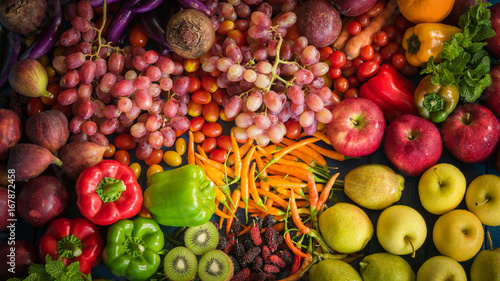 Top view of fresh fruits and vegetables organic, Different fruits and vegetables for eating healthy