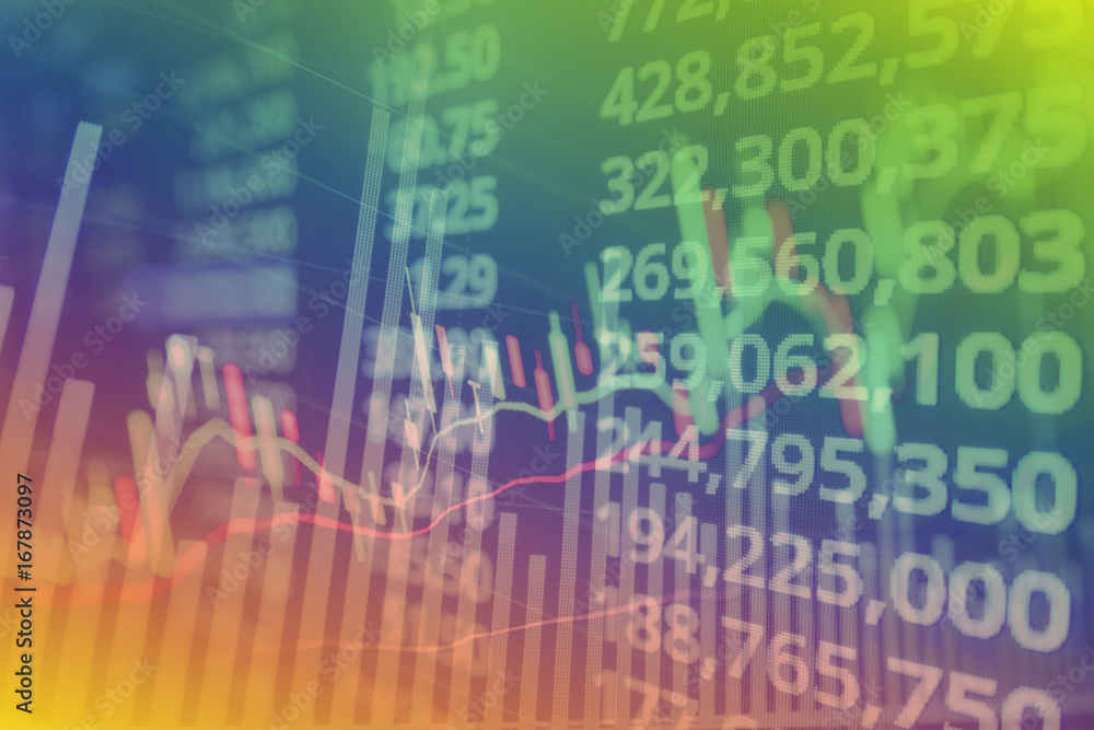 Stock market graph and ticker with blue screen for stock exchange analysis